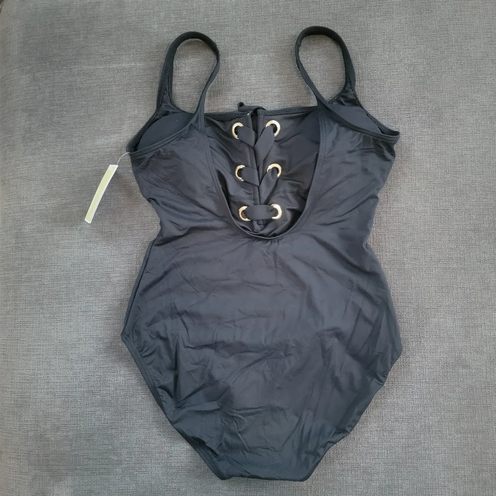 Michael Kors Women's Black Lace Up Gold Grommets One Piece Swimsuit Size 8 - Picture 4 of 13